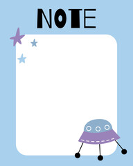 Notes list template. Organizer and Schedule with place for Notes. Good for Kids. Vector illustration in space design for planner.