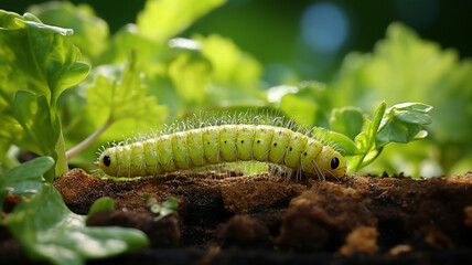 Caterpillar Eating Leaves on a White Background - obrazy, fototapety, plakaty
