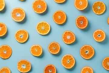 Pattern of ripe orange slices on blue background