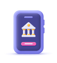 Smartphone with bank building. Online banking, credit and loan concept. 3d vector icon. Cartoon minimal style.