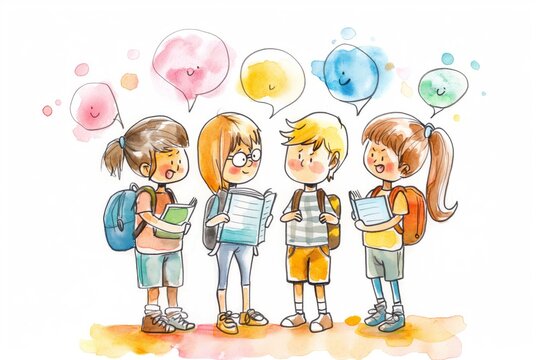 Vibrant and colorful childhood summer tales: children sharing watercolor illustrations and stories with classmates. Engaging in casual conversations. Doodling in backpacks
