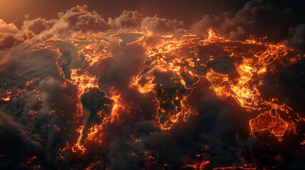 Photorealistic World Map with a Dramatic Shot of the World on Fire - obrazy, fototapety, plakaty