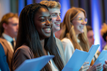 Group of happy students holding certificates during an award ceremony with joyful expressions