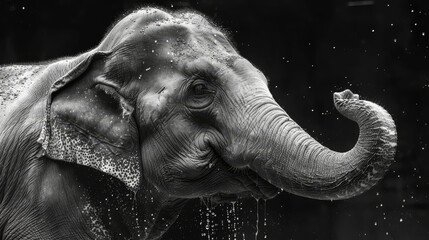   A black-and-white image of an elephant's face and trunk in action, as it sprays water