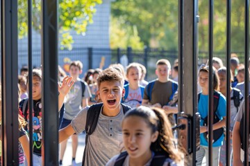 Group of cheerful students are entering the school gates, ready for a new day of learning