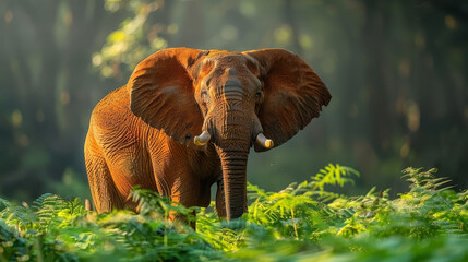 Fototapeta premium An elephant, sporting tusks, stands centrally in a lush forest of green plants and towering grass In the distance, trees form a backdrop