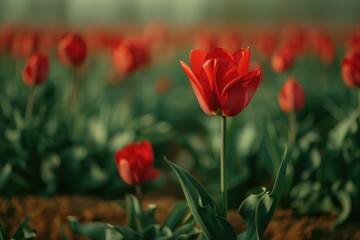 Beautiful field of red tulips, perfect for spring-themed projects