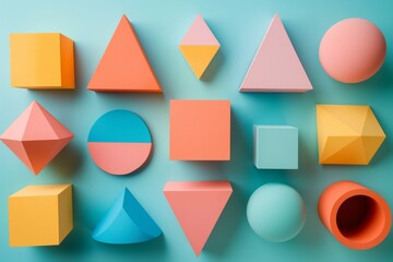 A vibrant arrangement of 3d geometric shapes casting soft shadows on a pastel blue surface