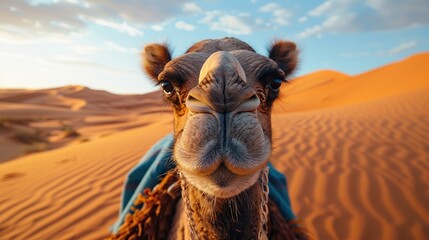 Close-up portrait of a camel head in the desert. Animals of the desert, means of transportation of the desert.