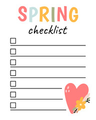 Spring checklist. Organizer and schedule with place for Notes. Planner template. Can use for Planner, Scrapbook, Sheets, notepad. Vector illustration.