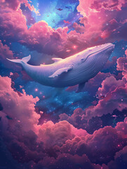 White Whale Floating in the Sky, Dreamy Fantasia in Pastel Clouds and Stars