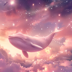 White Whale Floating in the Sky, Dreamy Fantasia in Pastel Clouds and Stars - obrazy, fototapety, plakaty