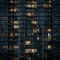 Fototapeta na wymiar Night Texture of a High-Rise Building, Urban Architecture in the Dark