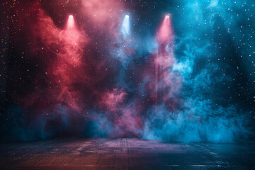 Stage with spotlight, red, white and blue smoke and particle effects, - obrazy, fototapety, plakaty