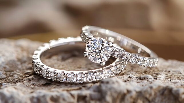 White gold solitaire diamond engagement ring and eternity wedding band with round brilliant cut diamonds shared prong setting