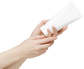 Female hands holding blank white plastic cosmetic tube on transparent background. Mockup