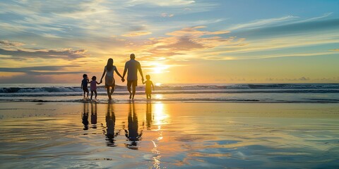 Family parents with children fun holding hands together running to beach in holiday, dad, mom and kids take off shoes run on sand beach, daughter turned face around, Happy family day. Created by Ai. - obrazy, fototapety, plakaty