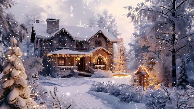 Winter exterior of a country house with christmas decorations snow covered courtyard with a porch tree