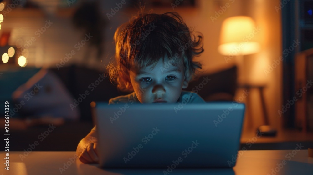 Poster young boy sitting in front of a laptop, versatile image for technology concepts