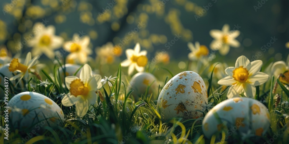 Poster a field of white and yellow flowers with an egg in the middle. suitable for spring or easter-themed 