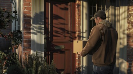a cheerful courier delivering a package at the doorstep of a home, portrayed in stunning high definition and photorealistic detail, showcasing the genuine satisfaction of a successful delivery.