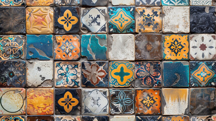 Background of a repeating pattern of old ceramic tiles, mosaics on the wall