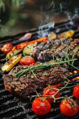 Delicious steaks and vegetables cooking on a grill, perfect for food-related projects