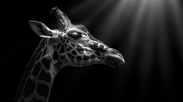   A black-and-white image of a giraffe's head facing the sun Sunlight cascades down, highlighting its textured coat