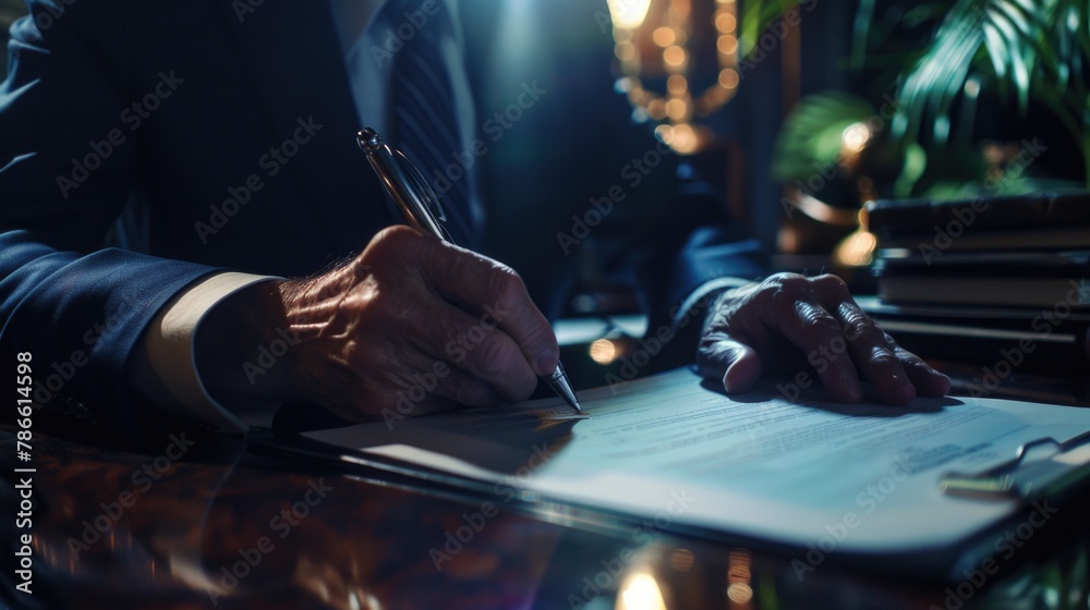 Poster a man in a suit writing on a piece of paper. suitable for business and office concepts