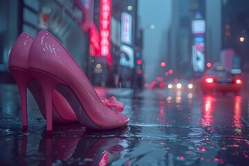 Unas zapatillas con tacones altos color rosa en la calle en la ciudad, en una tarde lluviosa. Moda,...