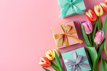 Three pastel wrapped gift boxes accompanied by a bouquet of colorful tulips on a pink background.