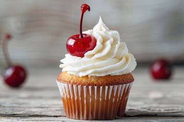 Tasty cupcake with butter cream and ripe cherry on wooden table - obrazy, fototapety, plakaty