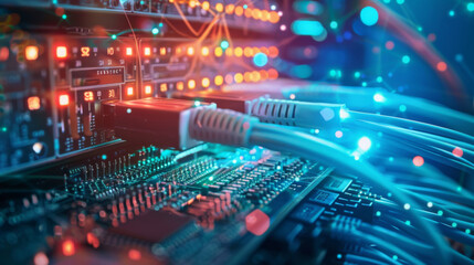 Fototapeta premium Fiber optic technology enables seamless data transmission between computers through a high-speed connection