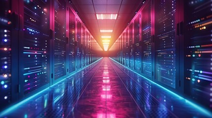 Obraz premium Server data center room with bright vibrant neon light passing through the corridor. 3D rendering of the background.