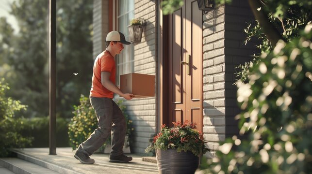 a cheerful courier delivering a package at the doorstep of a home, portrayed in stunning high definition and photorealistic detail, showcasing the genuine satisfaction of a successful delivery.