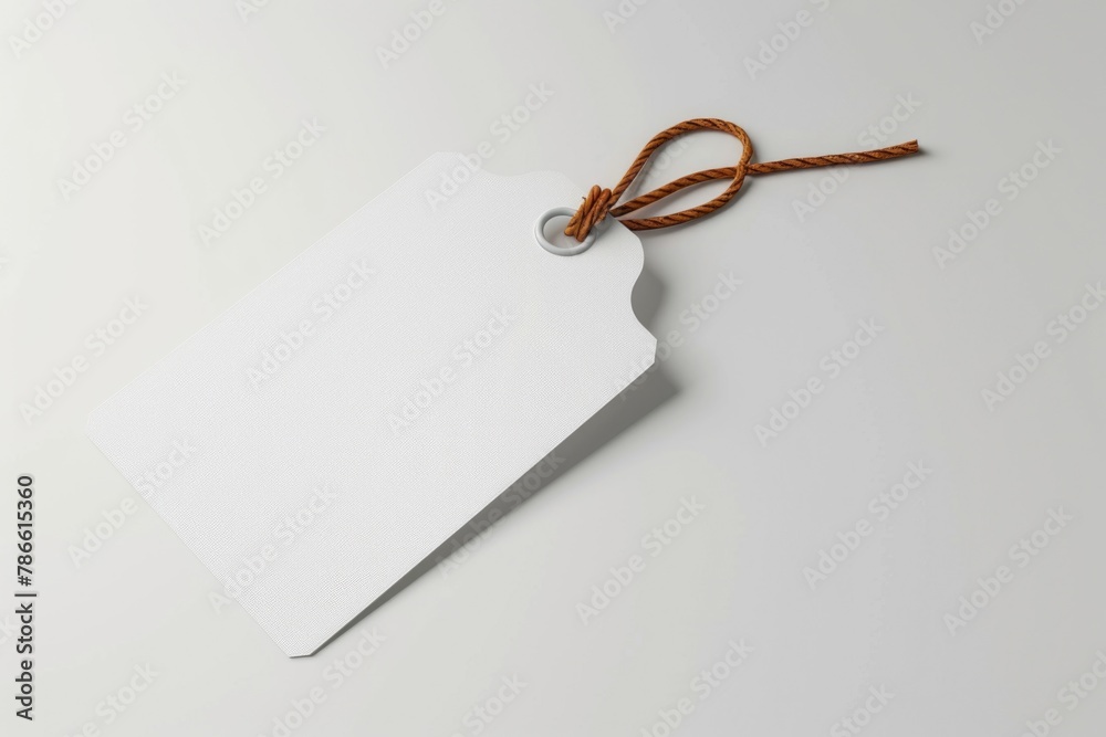Poster A white tag tied to a string on a white surface. Suitable for product labeling