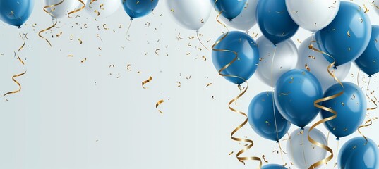 blue and white balloons with golden streamers on the right side, on light grey background Generative AI
