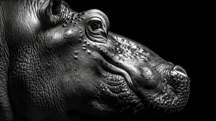   A tight shot of a hippo's face in monochrome against a black backdrop