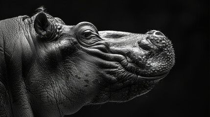   A black-and-white image of a hippo with face near camera against black backdrop