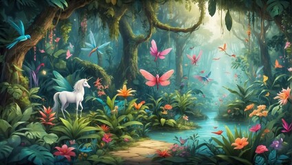 Tropical Wonderland, whimsical illustration. Fantasy jungle scene with magical plants, colorful birds, wild animals unicorn, dragonfly, fairies.