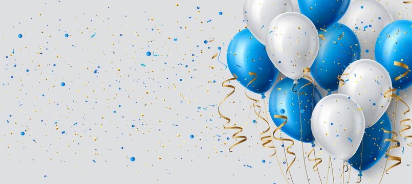 blue and white balloons with golden streamers on the right side, on light grey background Generative AI