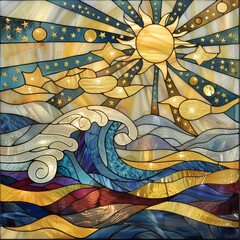 Stained Glass Depicting Waves and Sun Rays, Pearl Iridescent Art