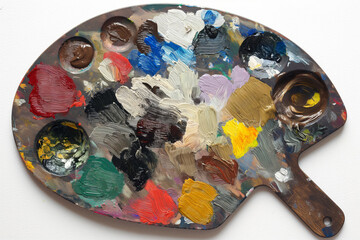 Wooden artist's palette covered with vibrant strokes and dabs of oil paint, symbolizing creativity...