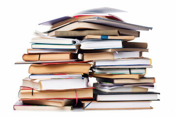 Neatly stacked collection of various textbooks with no distractions, isolated on a white background