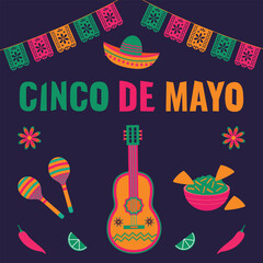  Cinco de Mayo -  banner with maracas, guacamole , chips, flags, avocados, lemons, flowers, chili peppers. Vector illustration.