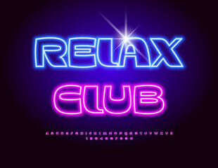 Vector glowing advertisement Relax Club. Bright Neon Font. Unique Electric Alphabet Letters and Numbers set.