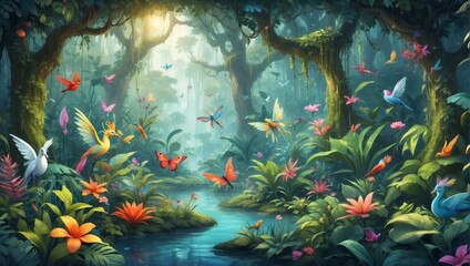 Tropical Wonderland, whimsical illustration. Fantasy jungle scene with magical plants, colorful birds, wild animals unicorn, dragonfly, fairies.