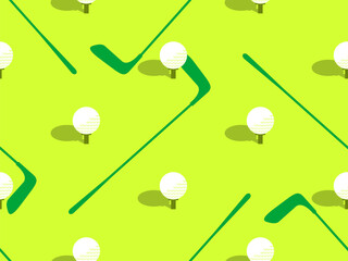 Seamless pattern with golf clubs and balls on a green field. Golf club and golf ball in minimalist style. Design of typography, banners and posters, advertising products. Vector illustration - obrazy, fototapety, plakaty