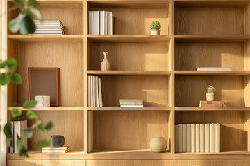 Fototapeta na wymiar Minimalist wooden bookshelf with neatly arranged books and tasteful decorative items