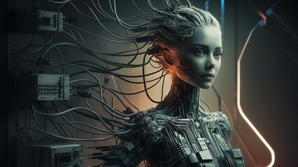 portrait of a woman, cyber woman with a computer,  artificial intelligence, AI girl, wire 